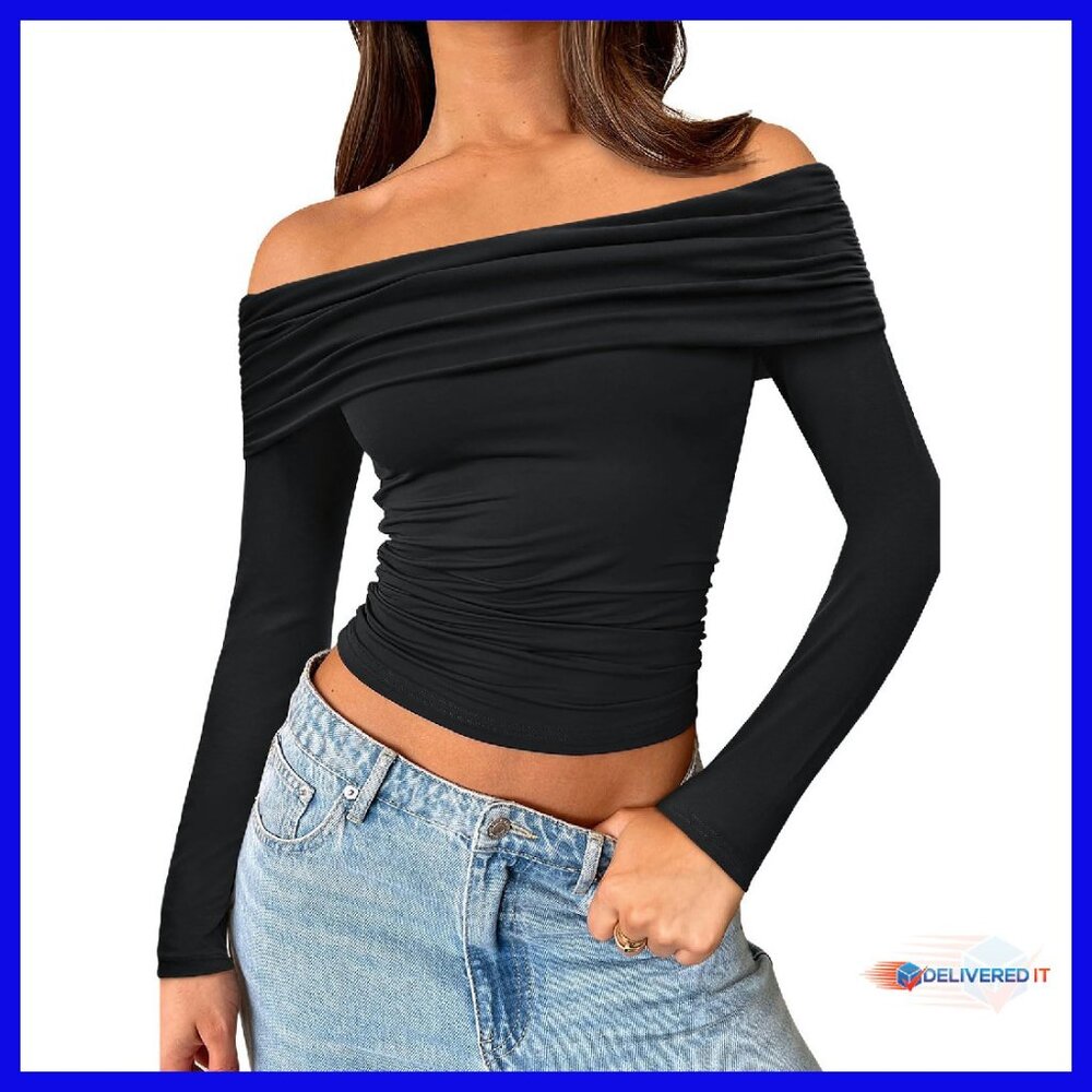 Long Sleeve Off Shoulder Crop Top Slim Fit Y2k Fashion Polyester Spandex